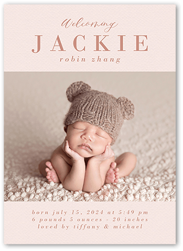 Pastel Welcome Birth Announcement, Pink, 5x7 Flat, Luxe Double-Thick Cardstock, Square