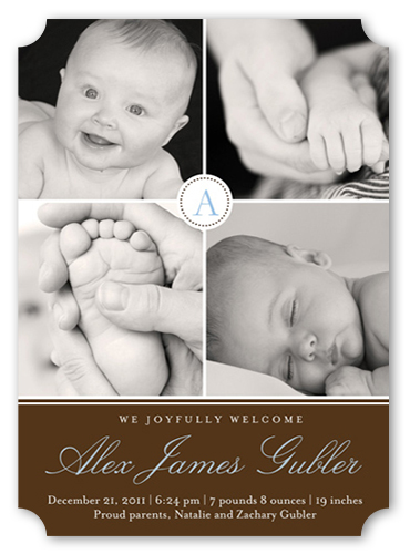 Script Baby Blue Birth Announcement, Brown, Pearl Shimmer Cardstock, Ticket