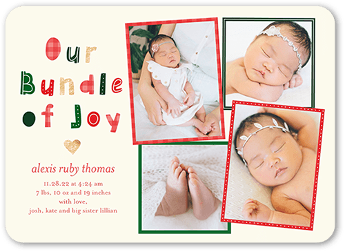 Bundle Of Delight Birth Announcement, Red, 5x7 Flat, 100% Recycled Cardstock , Rounded