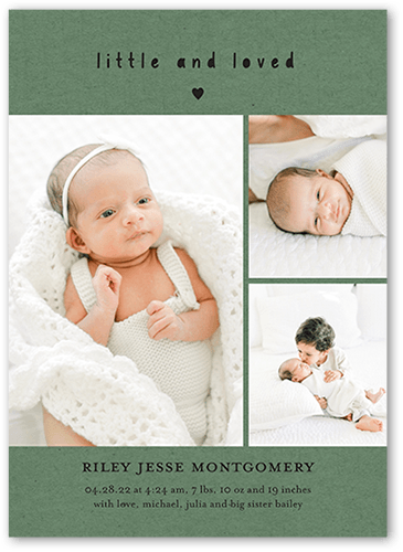 Little and Loved Birth Announcement, Green, 5x7 Flat, Pearl Shimmer Cardstock, Square