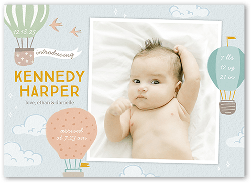 Gently Floating Birth Announcement, Blue, 5x7 Flat, Luxe Double-Thick Cardstock, Square