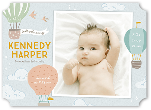 Gently Floating Birth Announcement, Blue, 5x7 Flat, Pearl Shimmer Cardstock, Ticket