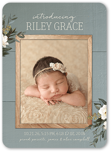 Framed Rustic Birth Announcement, Green, 5x7 Flat, 100% Recycled Cardstock , Rounded