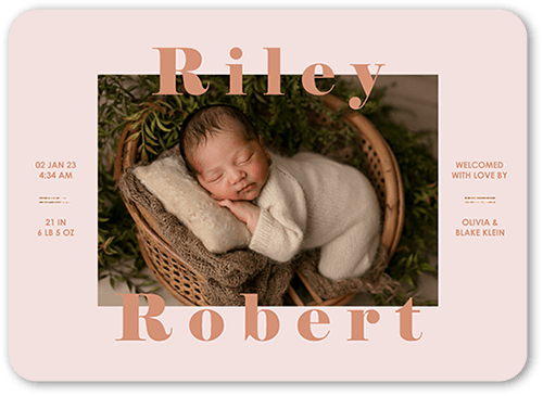 Big Proud Name Birth Announcement, Beige, 5x7 Flat, Write Your Own, Pearl Shimmer Cardstock, Rounded