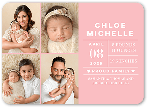 All The Facts Birth Announcement, Pink, 5x7 Flat, Pearl Shimmer Cardstock, Rounded, Bloom