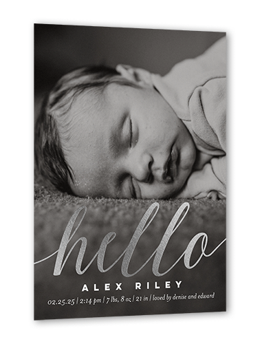 Glowing Greeting Birth Announcement, Silver Foil, White, 5x7 Flat, Pearl Shimmer Cardstock, Square