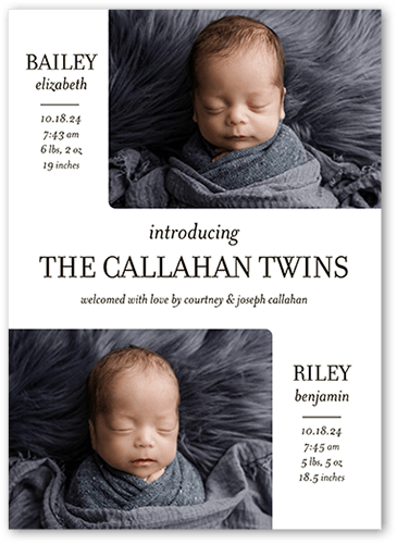 The Twins Birth Announcement, White, 5x7, Standard Smooth Cardstock, Square
