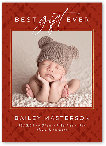 Unequaled Gift Birth Announcement, Red, 5x7 Flat, 100% Recycled Cardstock , Square, Cinnamon