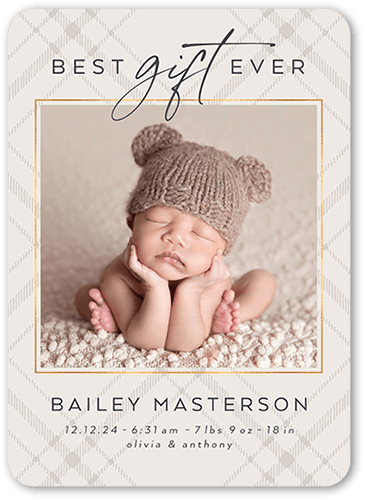 Unequaled Gift Birth Announcement, Grey, 5x7 Flat, Pearl Shimmer Cardstock, Rounded, Whisper Gray