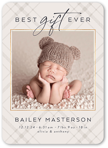 Unequaled Gift Birth Announcement, Grey, 5x7 Flat, 100% Recycled Cardstock ?, Rounded