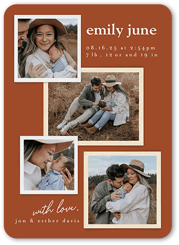 Scrapbook Photos Birth Announcement, Orange, 5x7 Flat, Write Your Own Greeting, 100% Recycled Cardstock , Rounded
