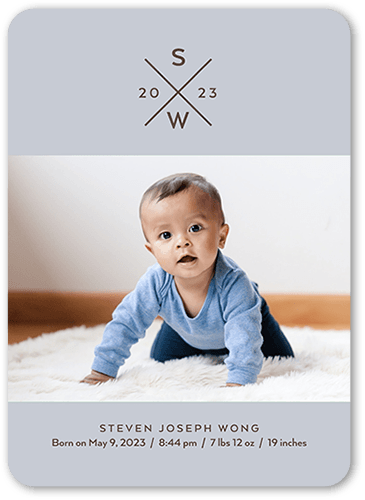 Cross Monogram Birth Announcement, Blue, 5x7 Flat, Write Your Own Greeting, Standard Smooth Cardstock, Rounded, Blue