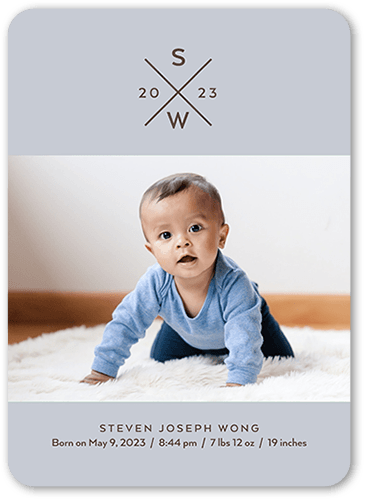 Cross Monogram Birth Announcement, Blue, 5x7 Flat, Write Your Own Greeting, Matte, Signature Smooth Cardstock, Rounded