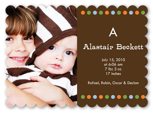 Initial Dot Birth Announcement, Brown, Matte, Signature Smooth Cardstock, Scallop