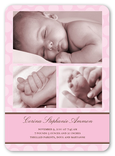 Just Dotty Pink Birth Announcement, Pink, Pearl Shimmer Cardstock, Rounded