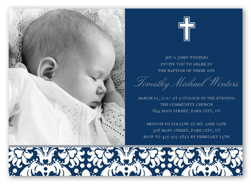 Baptism Baroque Navy Baptism Invitation, Blue, Standard Smooth Cardstock, Square