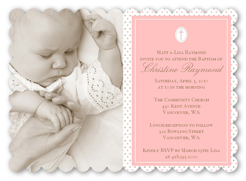 Seraphic Dots Pink Baptism Invitation, Pink, Pearl Shimmer Cardstock, Scallop