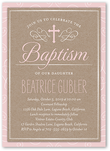 Bordered Christening Girl Baptism Invitation, Pink, Pearl Shimmer Cardstock, Square