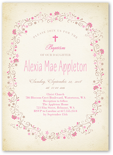 Circled In Flowers Baptism Invitation, Pink, 100% Recycled Cardstock ?, Square