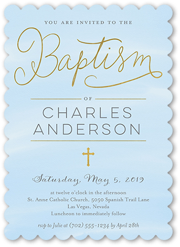 Wispy Script Boy Baptism Invitation, Blue, 5x7 Flat, Pearl Shimmer Cardstock, Scallop