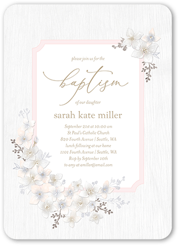 Rustic Wildflowers Girl Baptism Invitation, Orange, 5x7 Flat, Pearl Shimmer Cardstock, Rounded