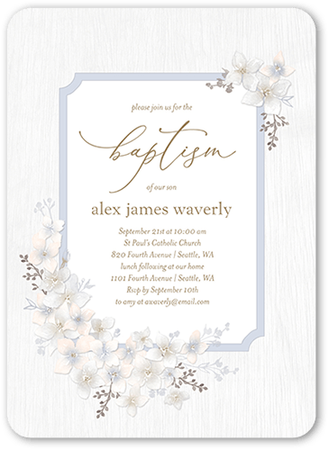 Rustic Wildflowers Boy Baptism Invitation, Grey, 5x7 Flat, Standard Smooth Cardstock, Rounded, Suede