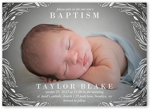 Ornate Floral Frame Baptism Invitation, White, 5x7 Flat, Luxe Double-Thick Cardstock, Square, White