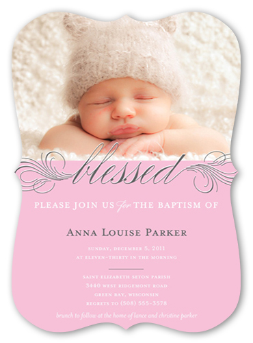 Little Blessed Rose Baptism Invitation, Pink, Pearl Shimmer Cardstock, Bracket