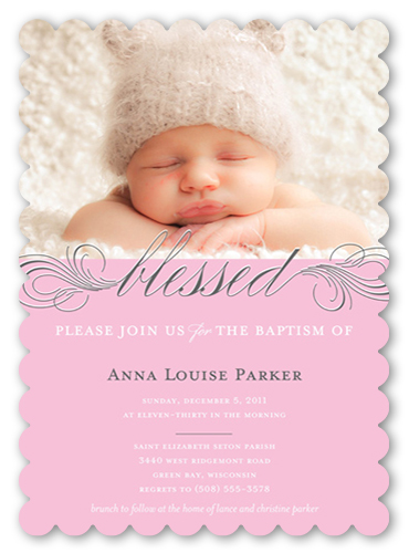 Little Blessed Rose Baptism Invitation, Pink, Pearl Shimmer Cardstock, Scallop