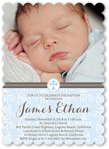 Elegant Cross Boy Baptism Invitation, Blue, Pearl Shimmer Cardstock, Scallop