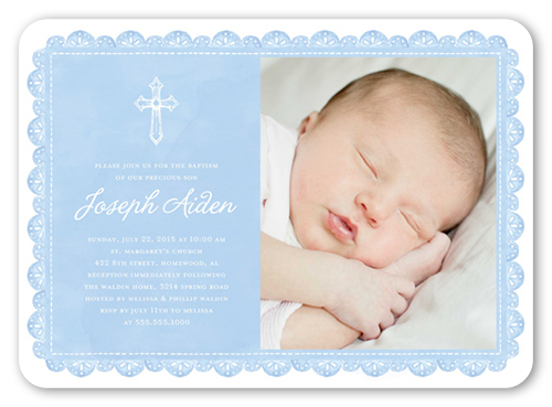 Delicate Lace Boy Baptism Invitation, Blue, Matte, Signature Smooth Cardstock, Rounded