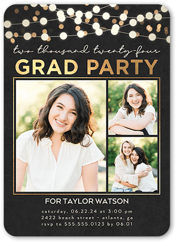 Festive Bokeh Lights Graduation Invitation, Grey, 5x7, Pearl Shimmer Cardstock, Rounded