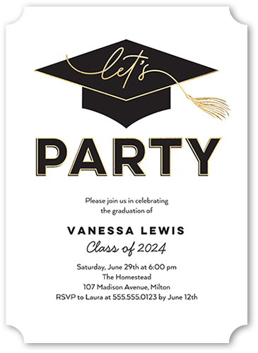Party Cap Graduation Invitation, White, 5x7, Pearl Shimmer Cardstock, Ticket