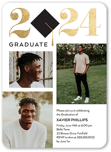 Iconic Cap Graduation Invitation, White, 5x7 Flat, Pearl Shimmer Cardstock, Rounded