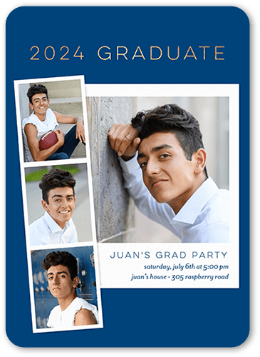 Fashionable Snaps Graduation Invitation, Blue, 5x7, Pearl Shimmer Cardstock, Rounded