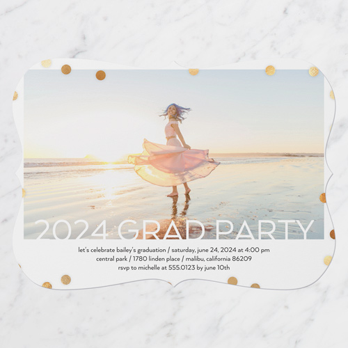 Bokeh Rain Graduation Invitation, White, 5x7 Flat, Pearl Shimmer Cardstock, Bracket