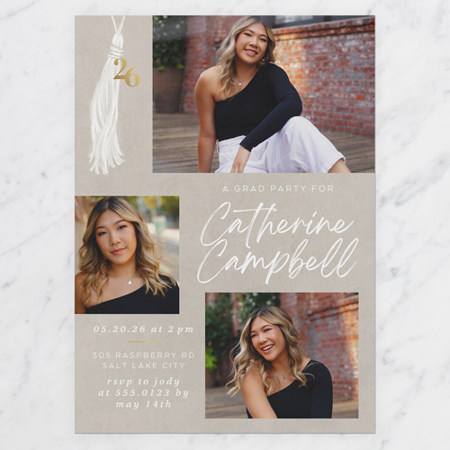 Refined Tassel Graduation Invitation, Beige, 5x7 Flat, Standard Smooth Cardstock, Square, Cream