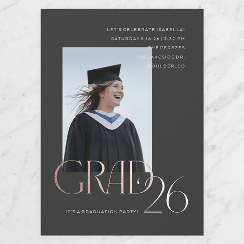 Accomplished Type Graduation Invitation, Black, Rose Gold Foil, 5x7 Flat, Matte, Signature Smooth Cardstock, Square, Black