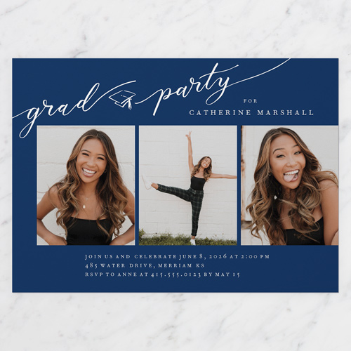 Flourished Grad Graduation Invitation, Blue, 5x7 Flat, Pearl Shimmer Cardstock, Square, Navy