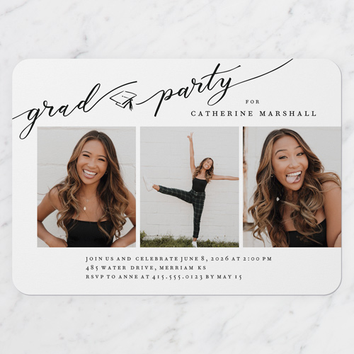 Flourished Grad Graduation Invitation, Black, 5x7 Flat, Matte, Signature Smooth Cardstock, Rounded, Black