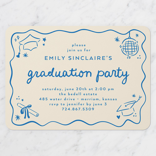 Drawn Whimsy Graduation Invitation, Blue, 5x7 Flat, 100% Recycled Cardstock , Rounded, Ultramarine