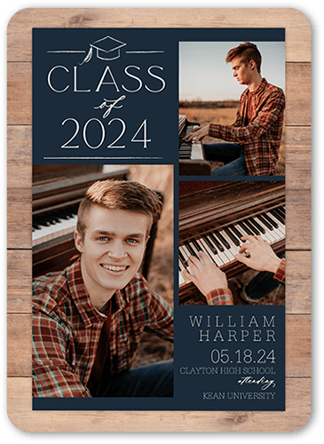 Classy Commencement Graduation Announcement, Blue, 5x7 Flat, Pearl Shimmer Cardstock, Rounded