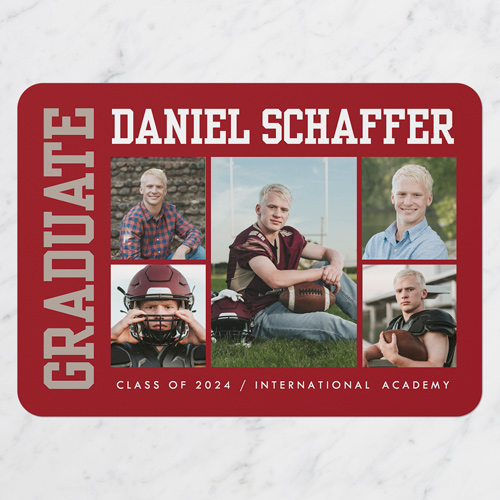Side Varsity Graduation Announcement, Red, 5x7 Flat, Pearl Shimmer Cardstock, Rounded