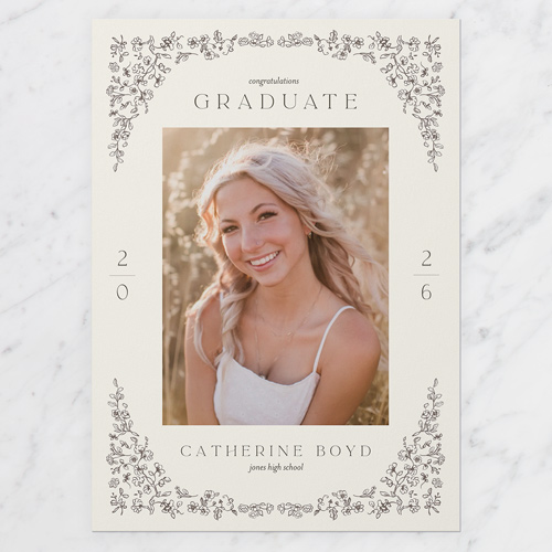 Vintage Verdant Graduation Announcement, Beige, 5x7 Flat, Luxe Double-Thick Cardstock, Square, Antique White