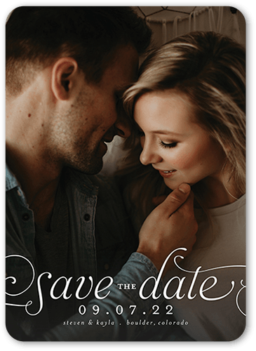Romantic Flourish Save The Date, White, 5x7 Flat, Pearl Shimmer Cardstock, Rounded