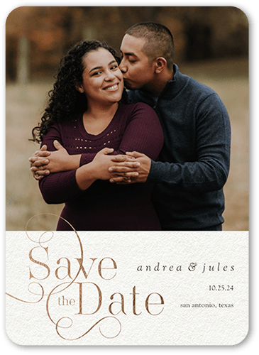 Swirly Date Save The Date, White, 5x7 Flat, 100% Recycled Cardstock , Rounded, White