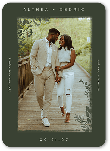 Graceful Corners Save The Date, Green, 5x7 Flat, 100% Recycled Cardstock , Rounded, Pine