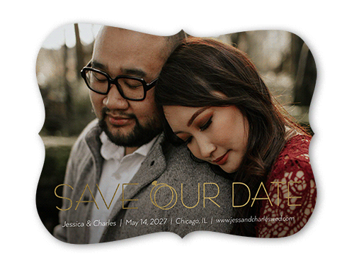 Connected Bands Save The Date, White, Gold Foil, 5x7, Pearl Shimmer Cardstock, Bracket