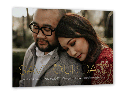 Connected Bands Save The Date, White, Gold Foil, 5x7 Flat, Pearl Shimmer Cardstock, Square
