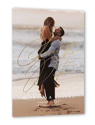 The Time Is Set Save The Date, White, Gold Foil, 5x7 Flat, Luxe Double-Thick Cardstock, Square, White